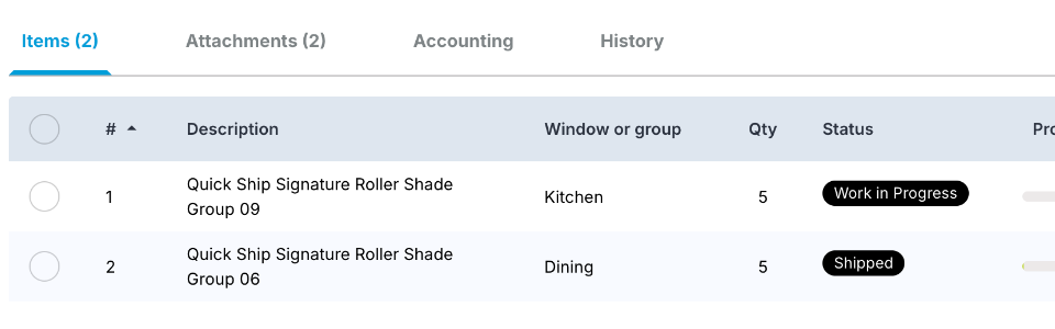 The real Quoterite app: line items on a sales order — roller shades for the kitchen and dining room with quantities and live statuses, Work in Progress and Shipped